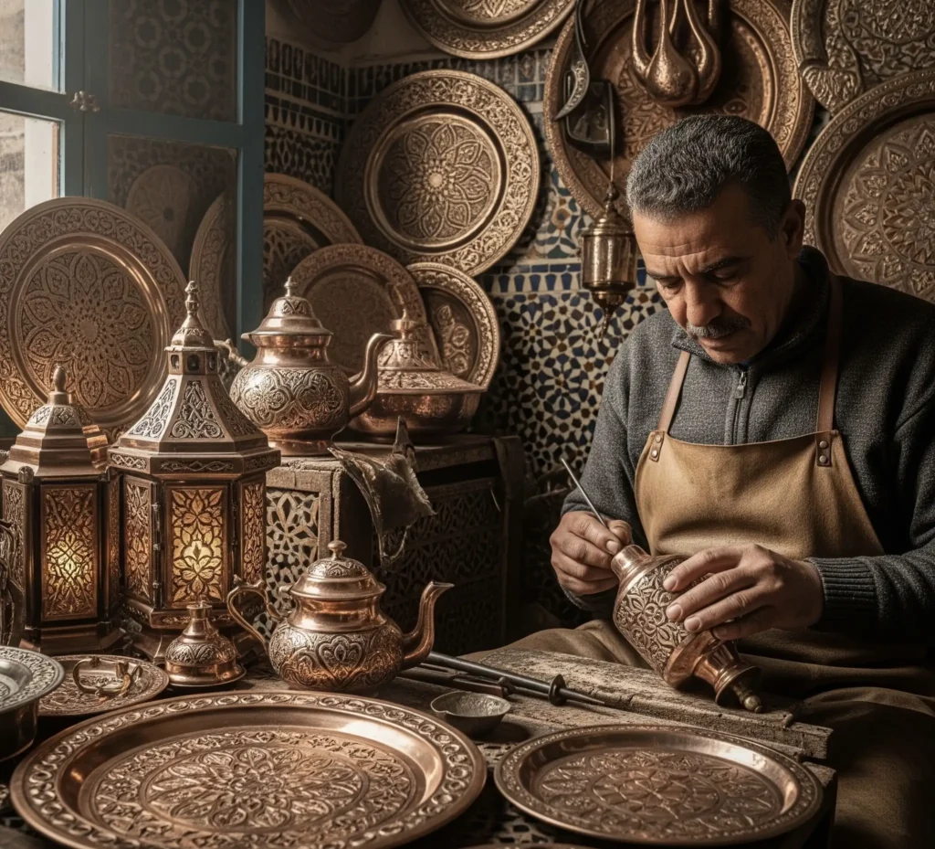 قطعة نحاسية منقوشة يدويا بأسلوب تقليدي مغربي بتفاصيل زخرفية دقيقة