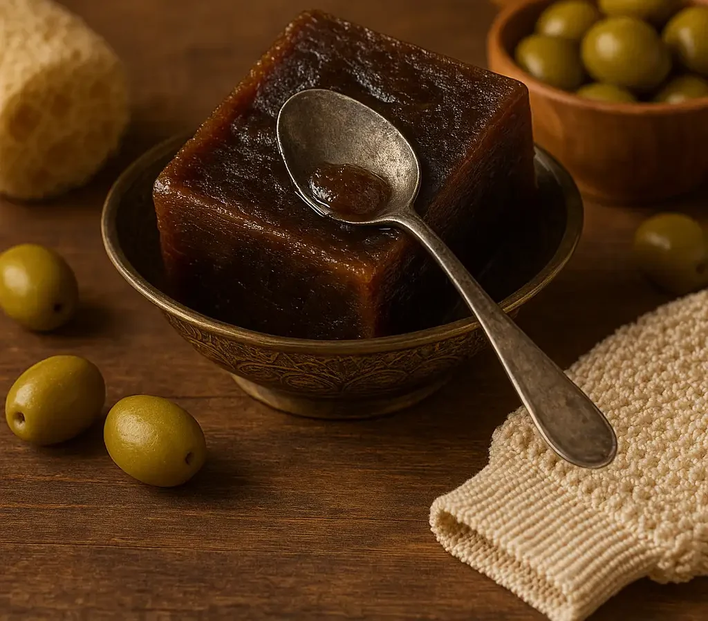 صابون بلدي مغربي تقليدي مصنوع يدويًا بزيت الزيتون وأعشاب طبيعية